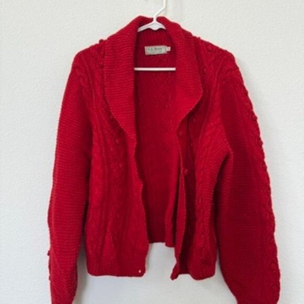 LL Bean Cable Knit Wool Sweater Red Popcorn Stitch Cardigan Grannycore M 90s